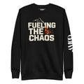 Black sweatshirt with 'Fueling the Chaos' text and logo on a white background