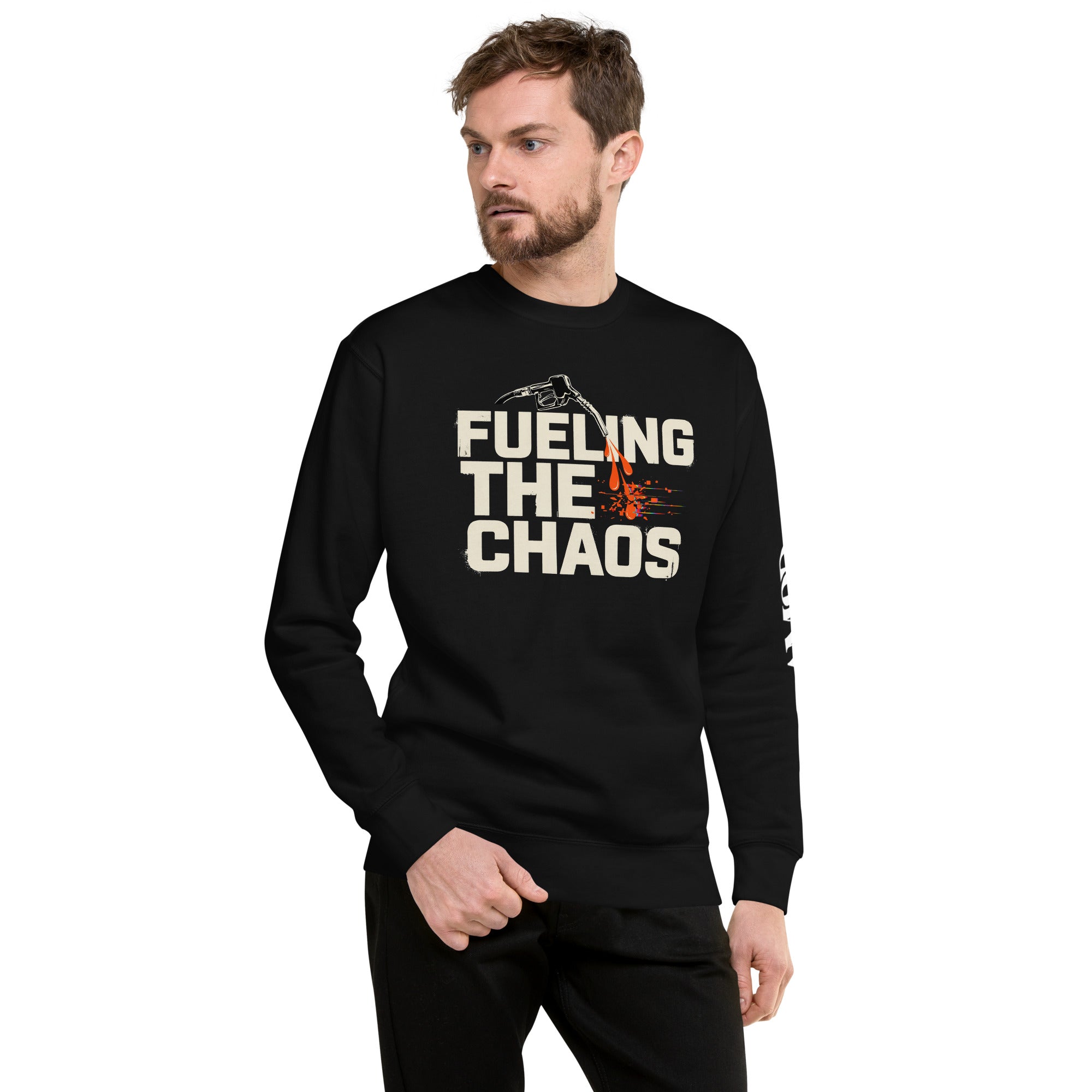 Man wearing a black long-sleeve shirt with 'Fueling the Chaos' text on a white background
