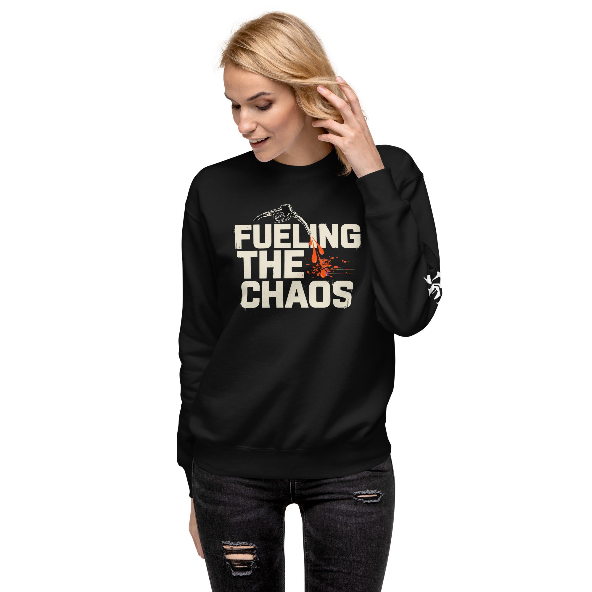 Person wearing a black sweatshirt with text on a white background