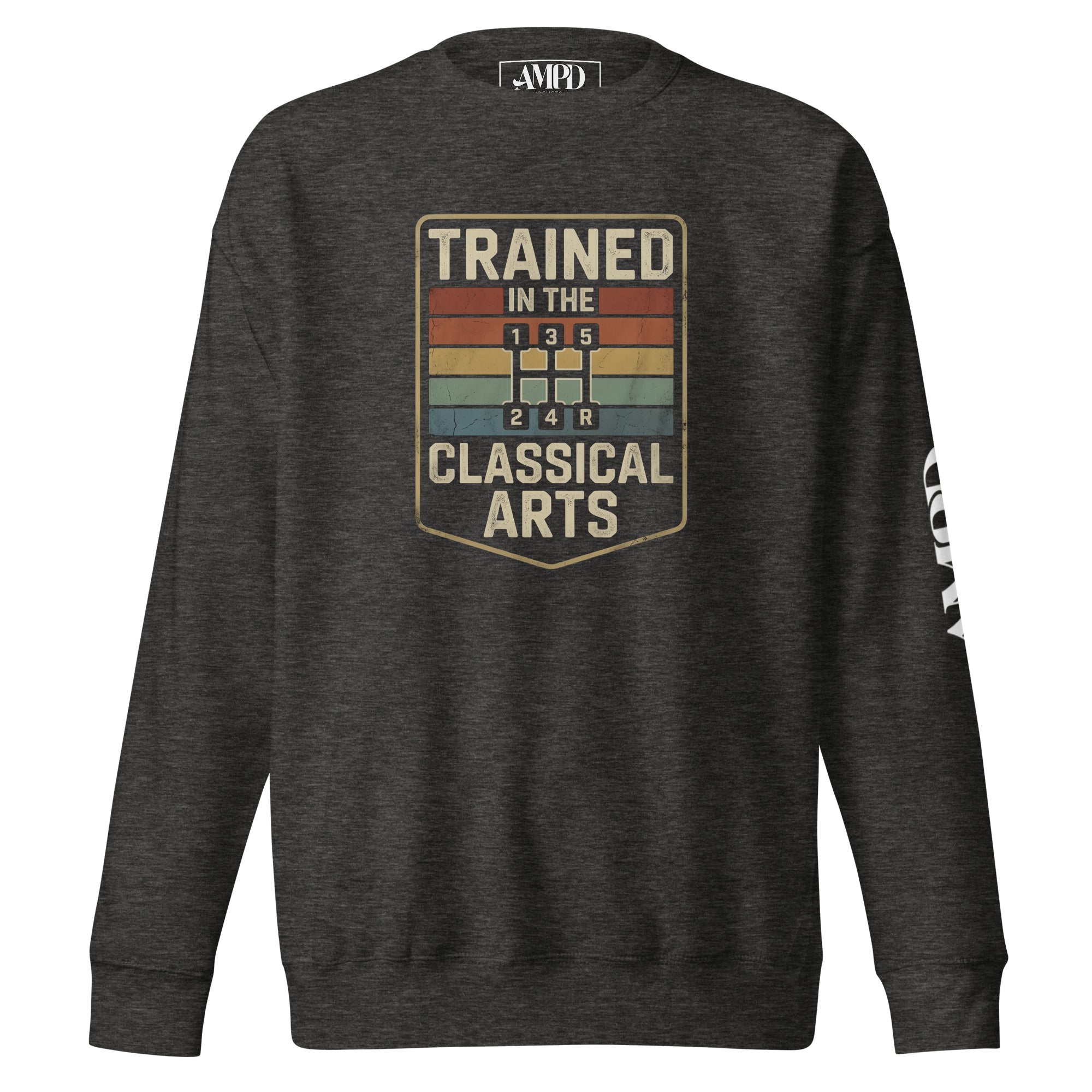 Dark gray sweatshirt with 'Trained in the Classical Arts' graphic on a white background