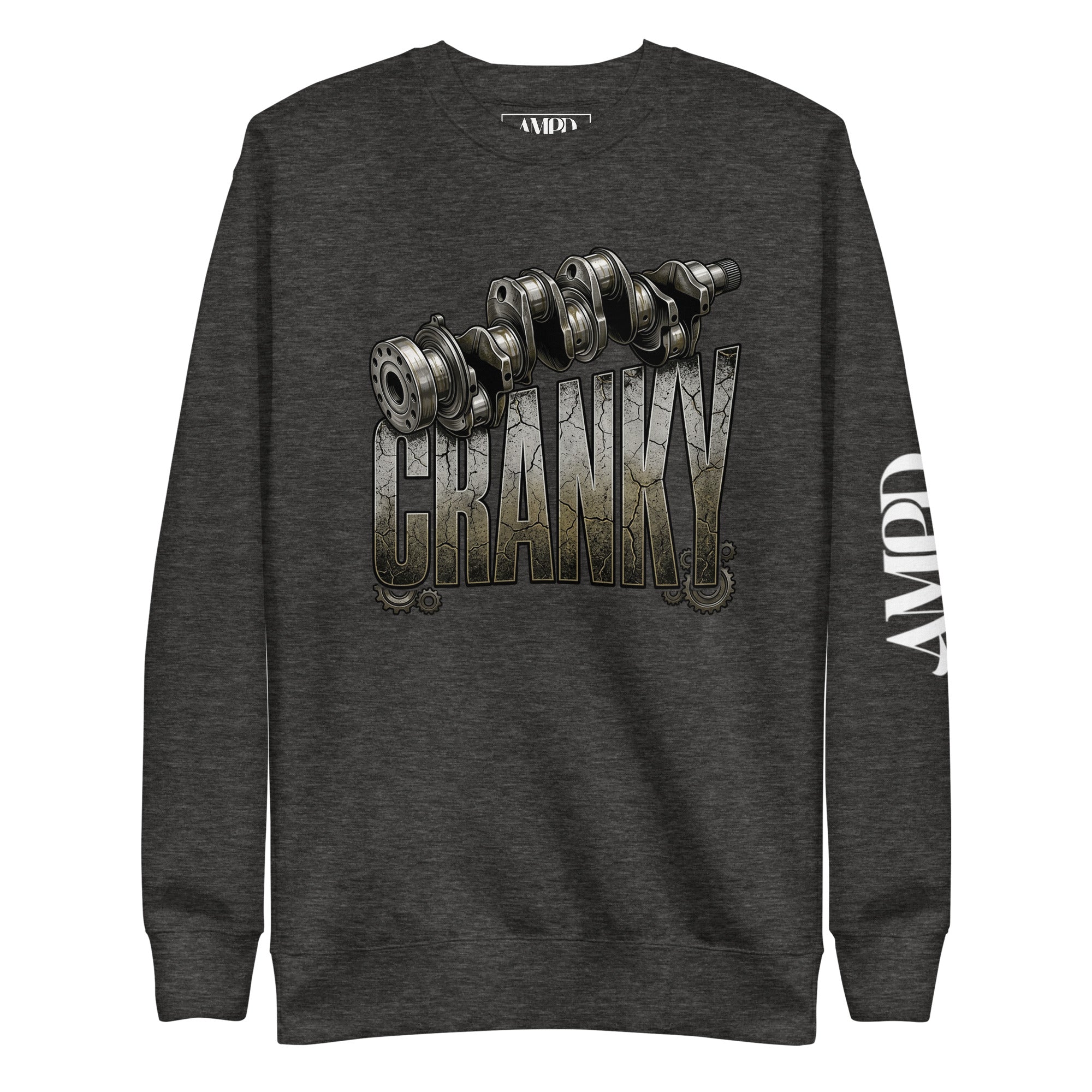 Dark gray sweatshirt with 'CRANKY' graphic and AMPD logo on a white background