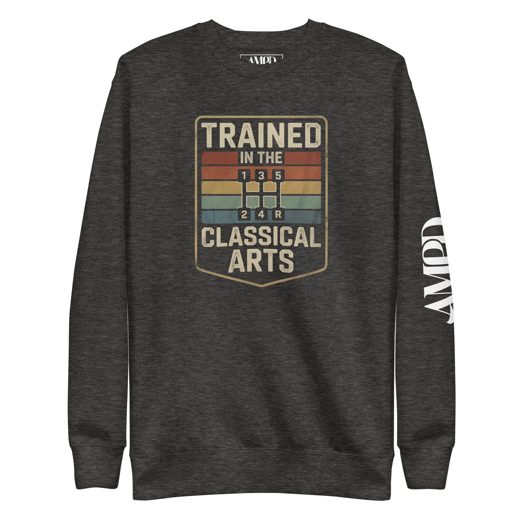 Dark gray sweatshirt with 'Trained in the Classical Arts' graphic on a white background