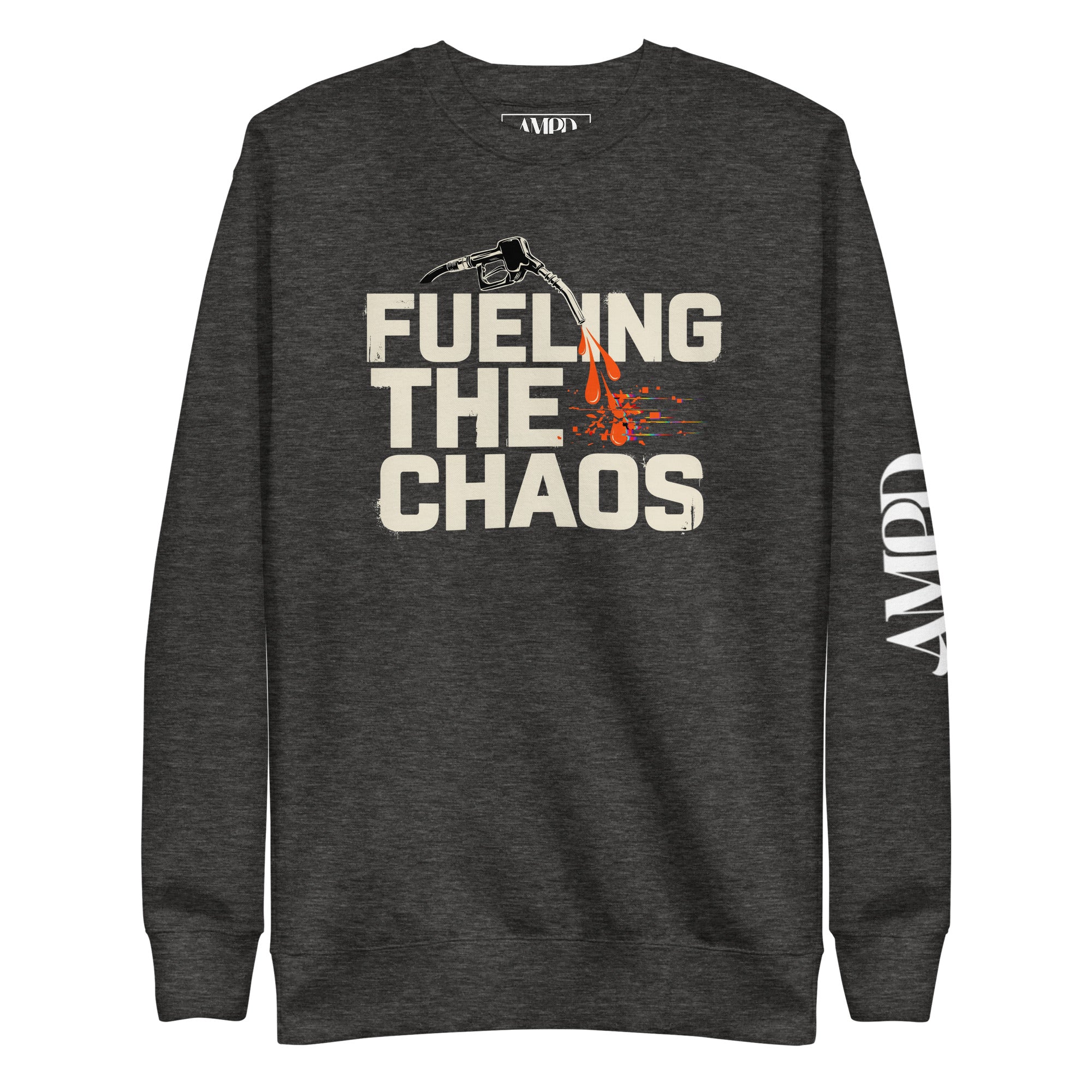 Dark gray sweatshirt with 'Fueling the Chaos' text and logo on a white background