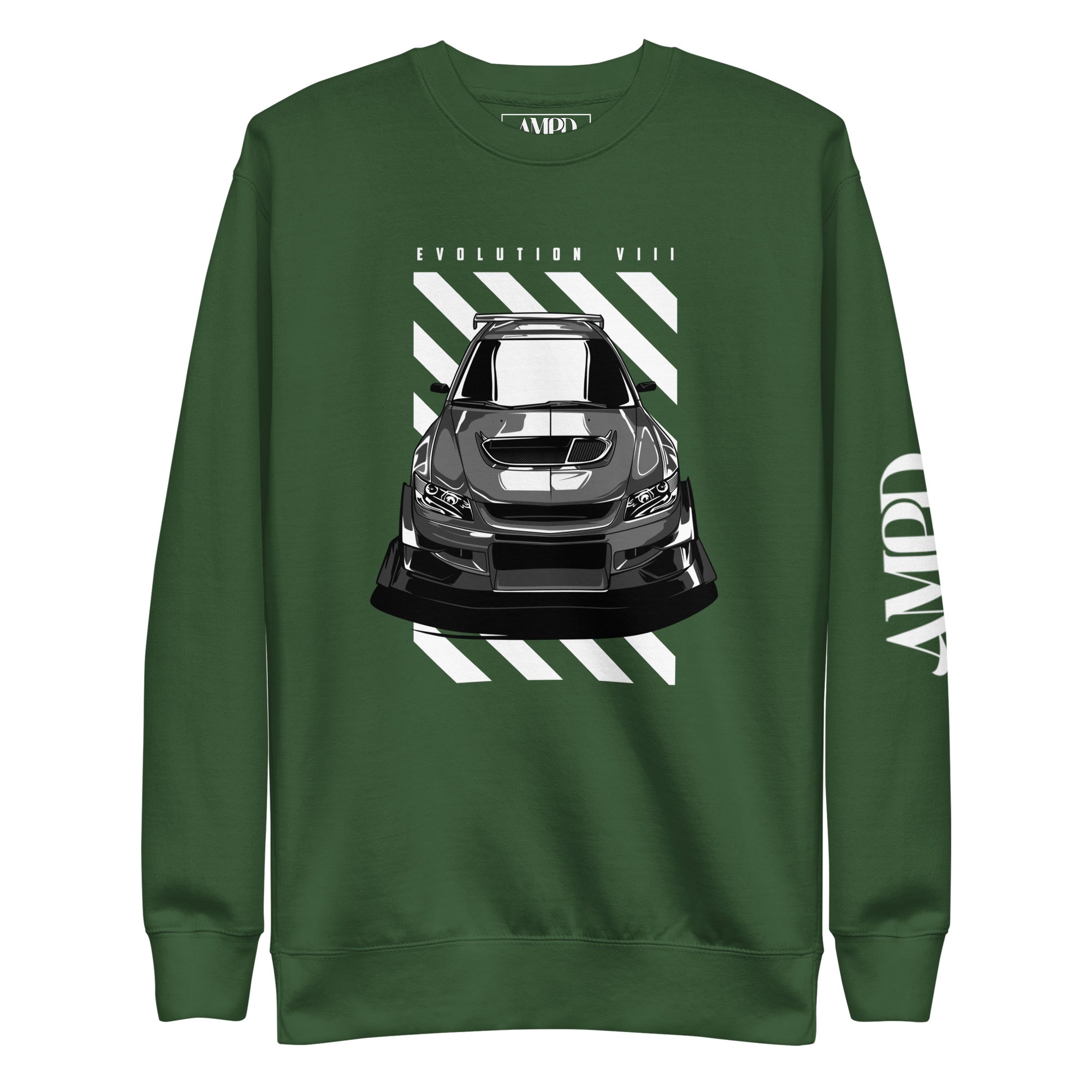 Mitsubishi Evolution VIII 8 Sweatshirt | AMPD featuring a bold car graphic on a green background