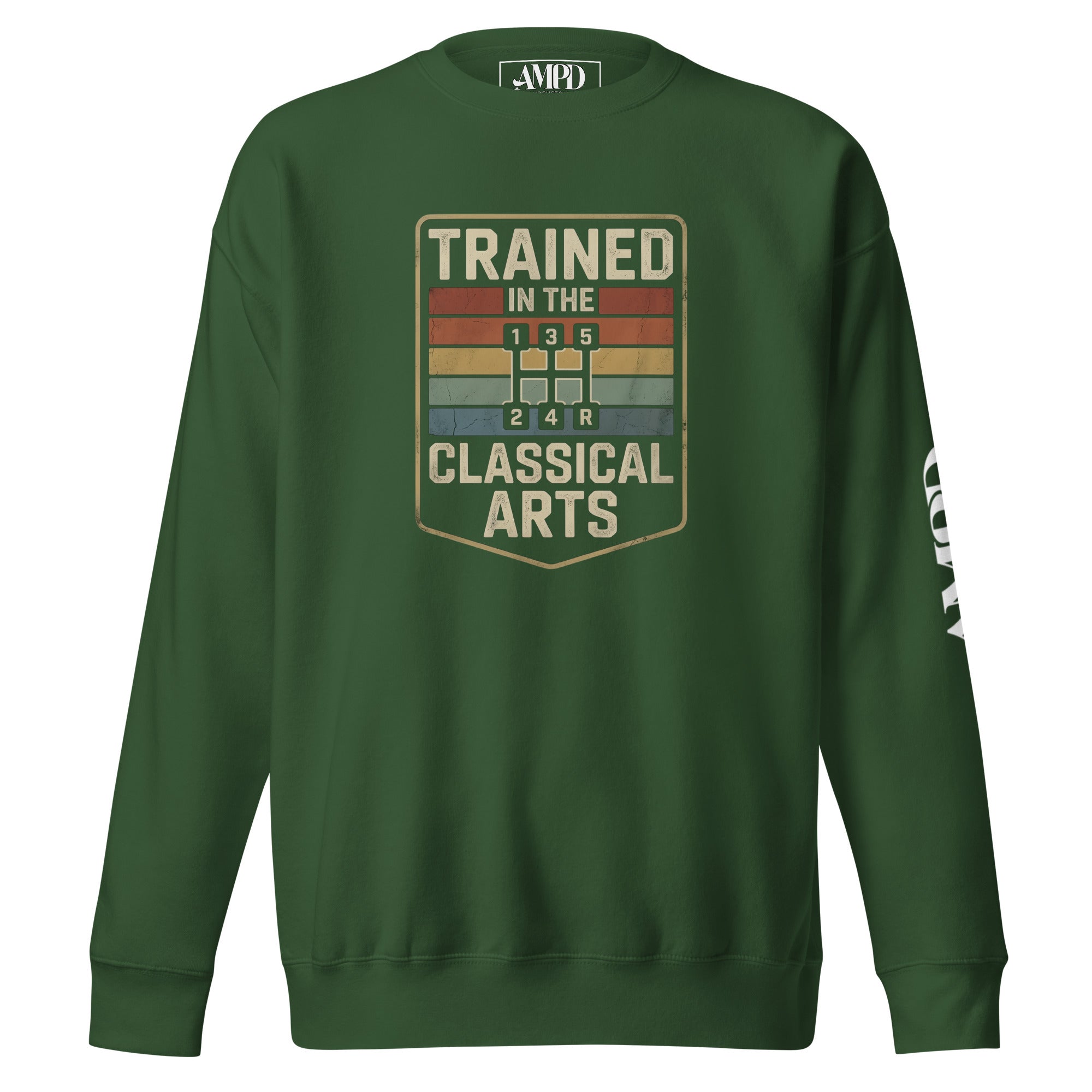 Green sweatshirt with 'Trained in the Classical Arts' graphic on a white background