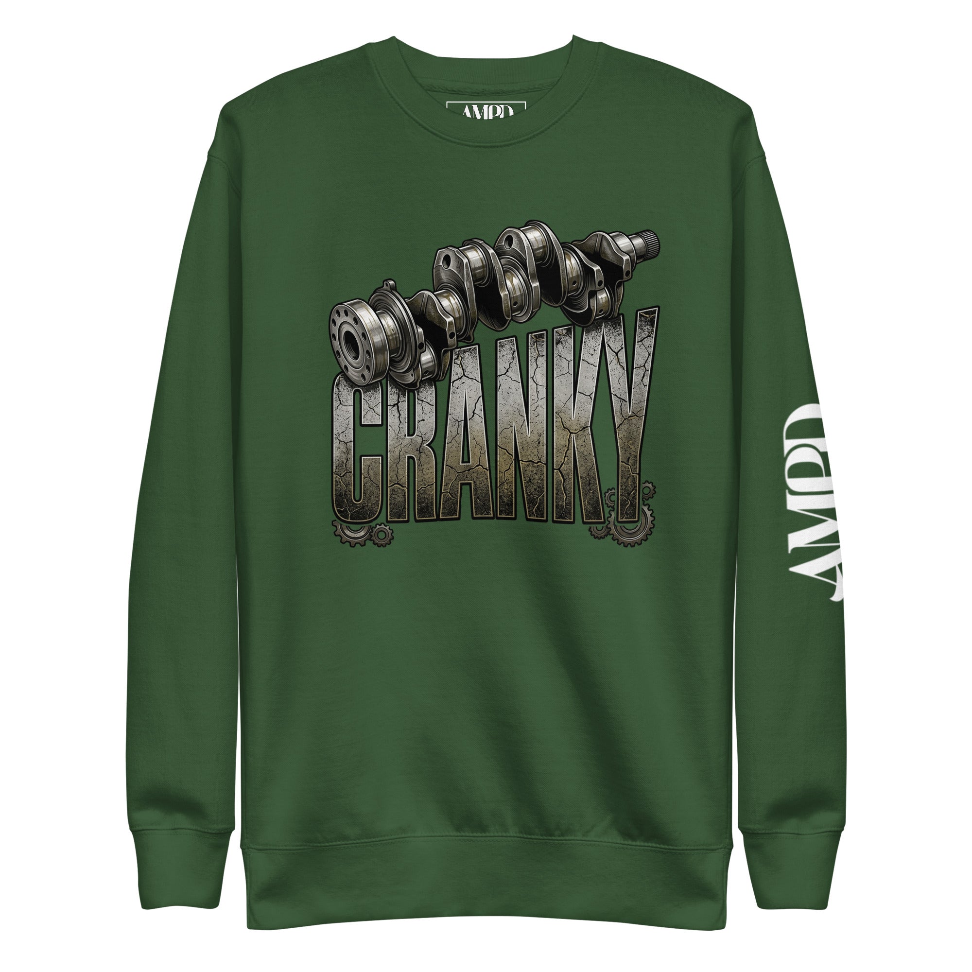 Green sweatshirt with 'CRANKY' graphic and AMPD logo on a white background