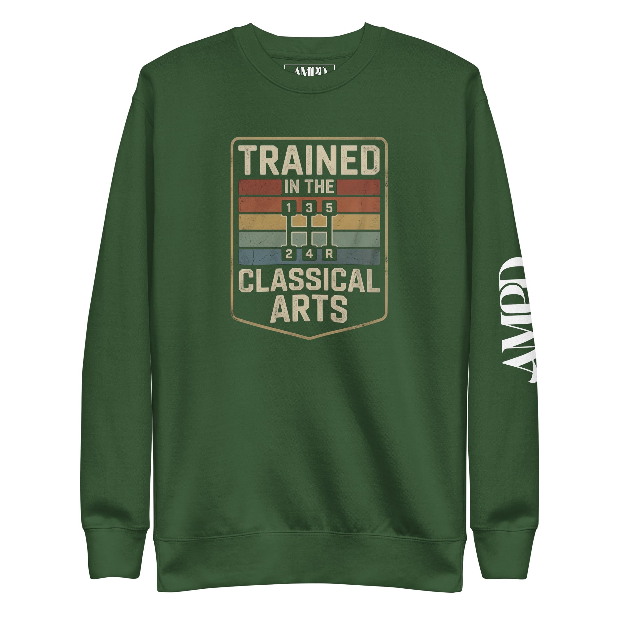 Green sweatshirt with 'Trained in the Classical Arts' graphic on a white background