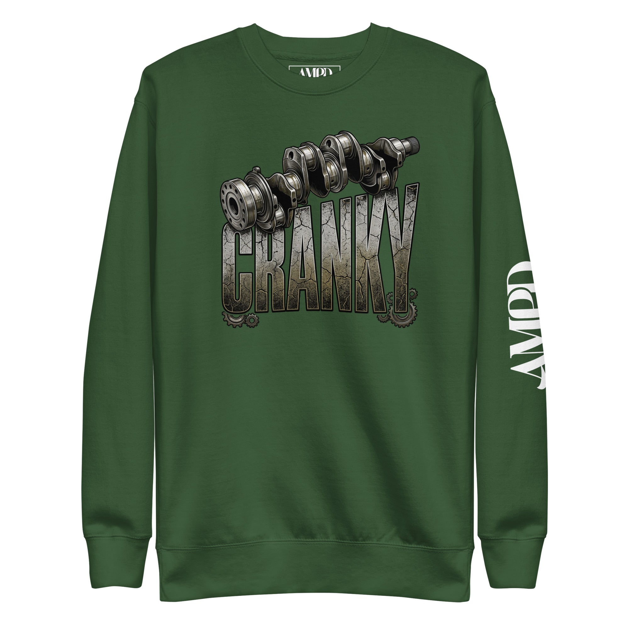 Green sweatshirt with 'CRANKY' graphic and AMB logo on a white background