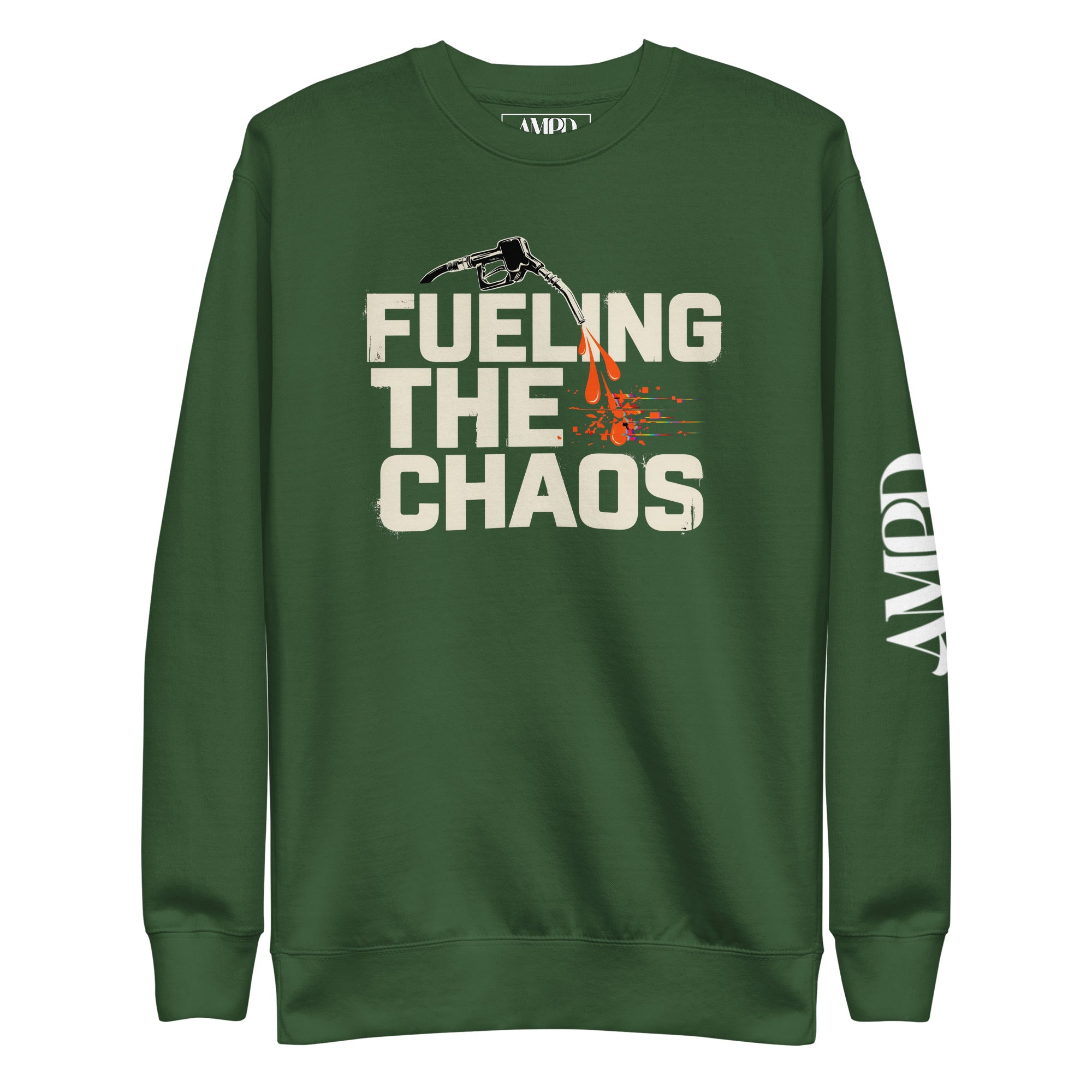 Green sweatshirt with 'Fueling the Chaos' text and AMB logo on a white background