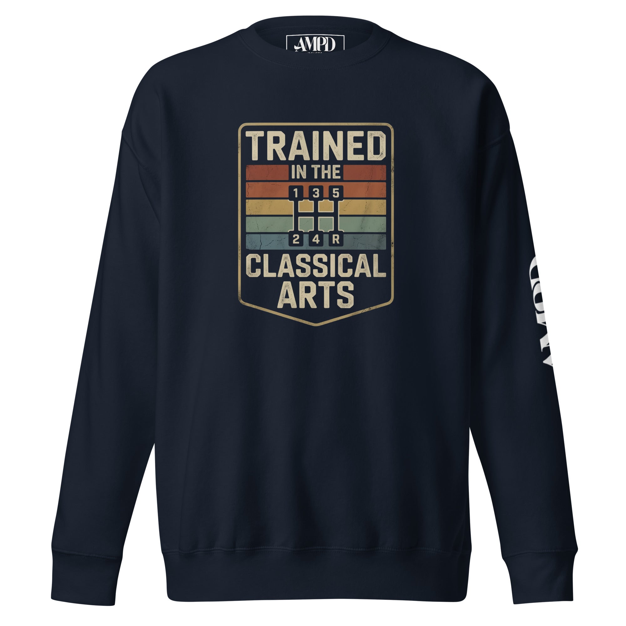 Navy blue sweatshirt with 'Trained in the Classical Arts' graphic on a white background