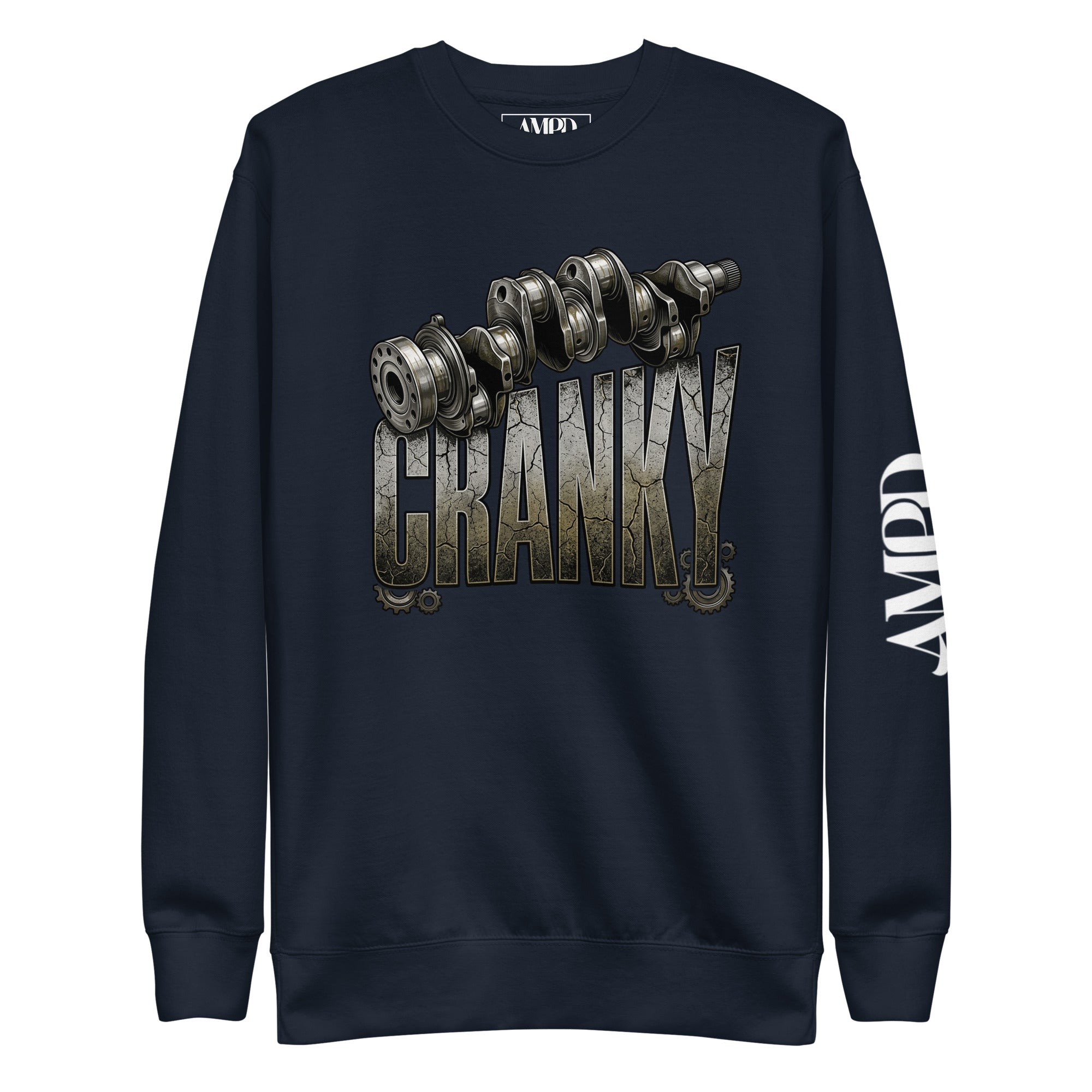 Navy sweatshirt with 'CRANKY' graphic and AMPLI logo on a white background