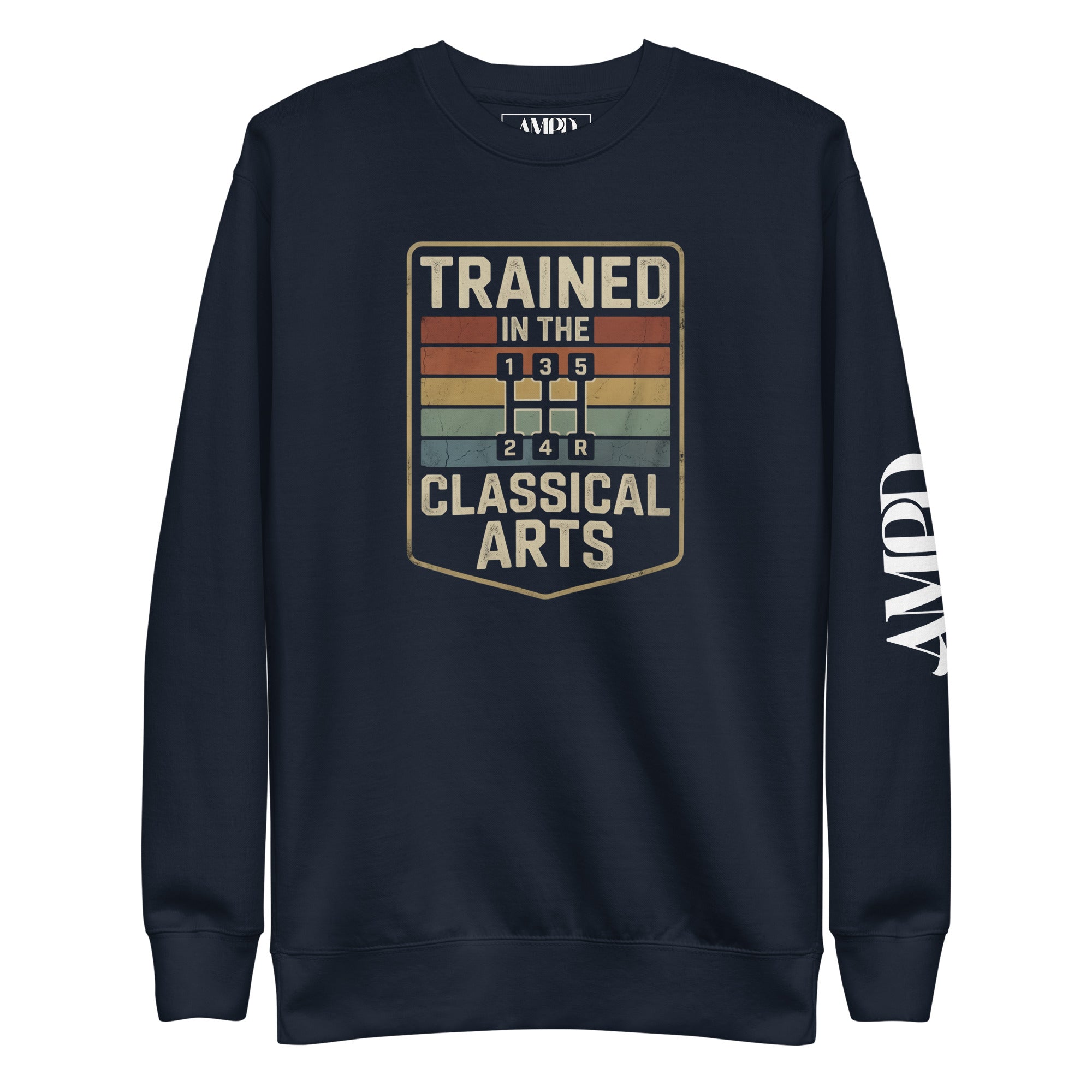 Navy blue sweatshirt with 'Trained in the Classical Arts' graphic on a white background