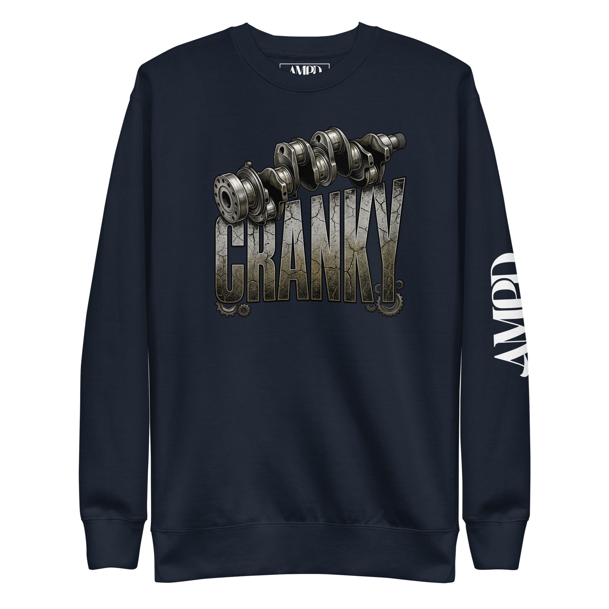 Navy blue sweatshirt with 'CRANKY' graphic and AMVD branding on a white background