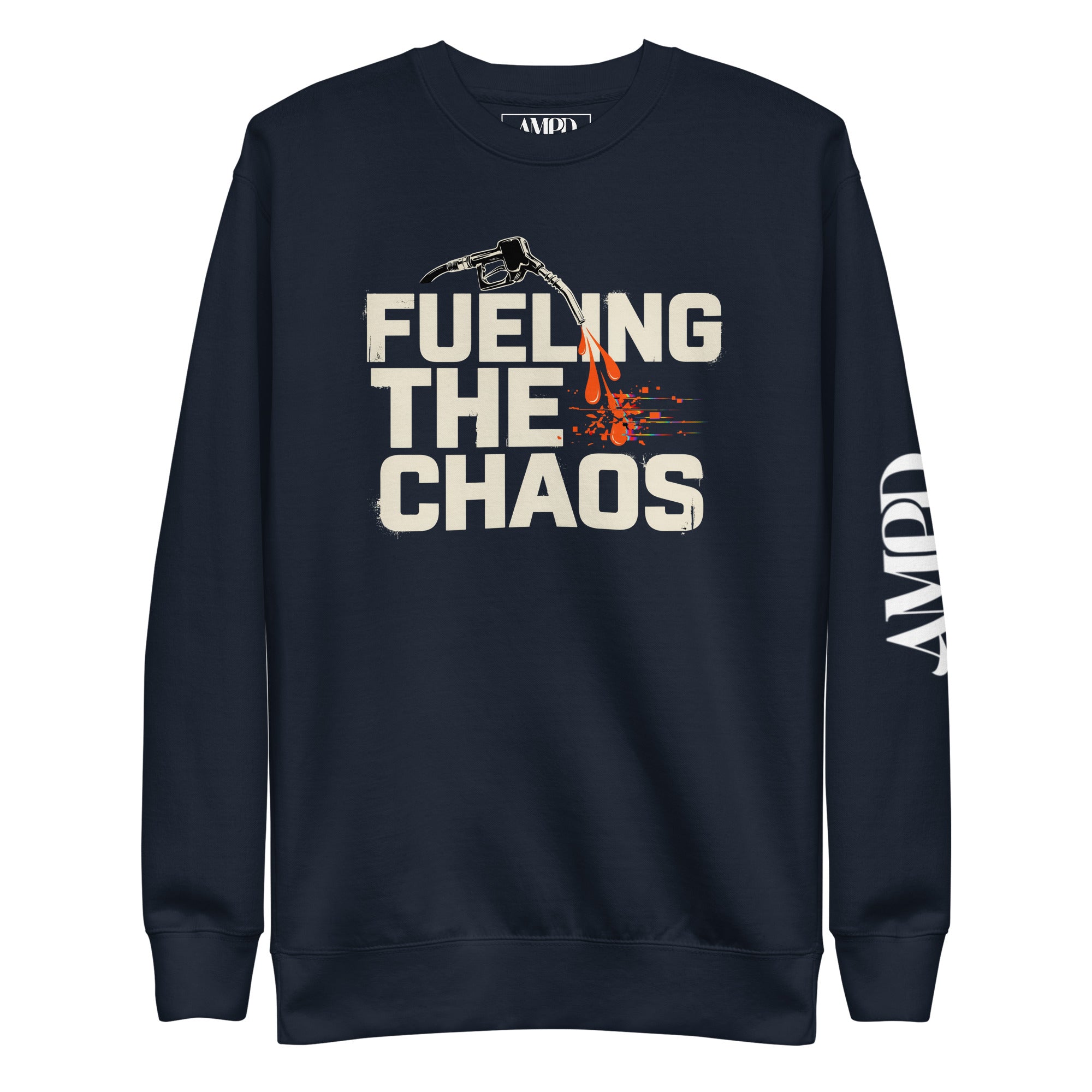 Black sweatshirt with 'Fueling the Chaos' text and logo on a white background