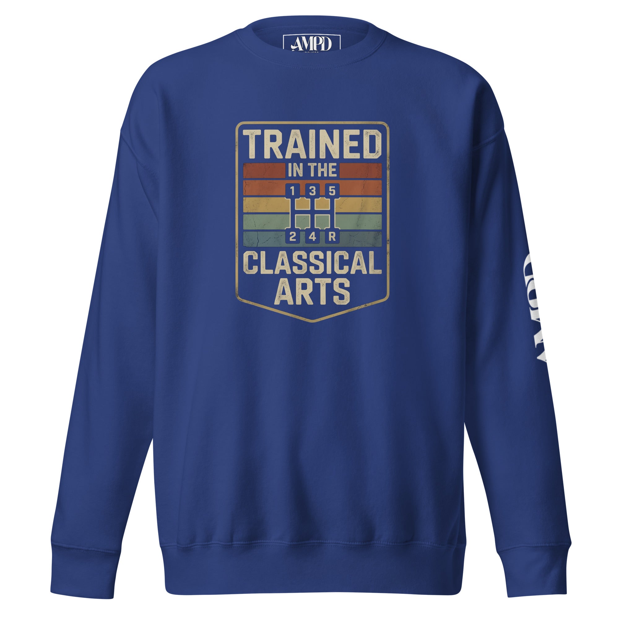 Blue sweatshirt with 'Trained in the Classical Arts' graphic on a white background