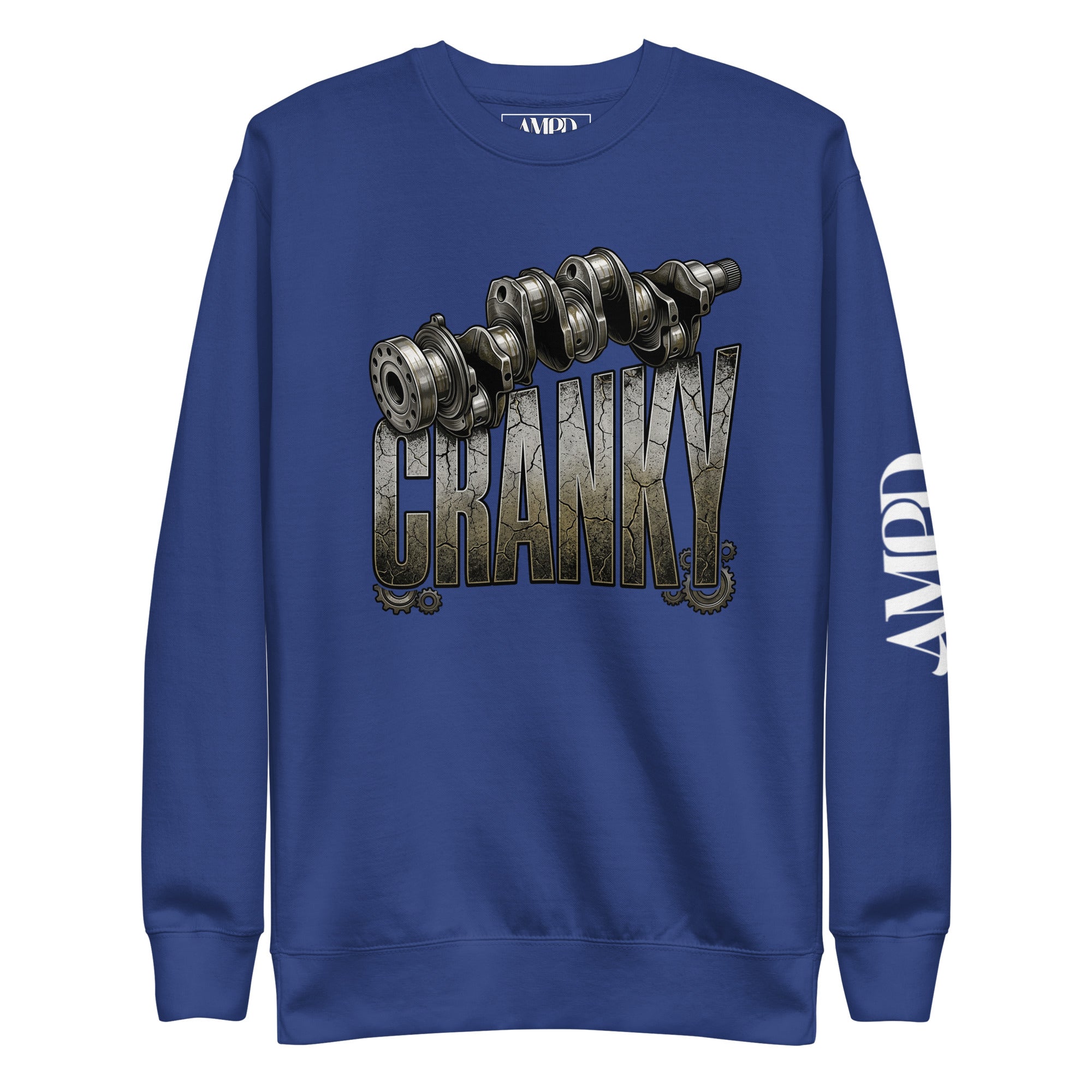 Blue sweatshirt with 'CRANKY' graphic and AMPD logo on a white background