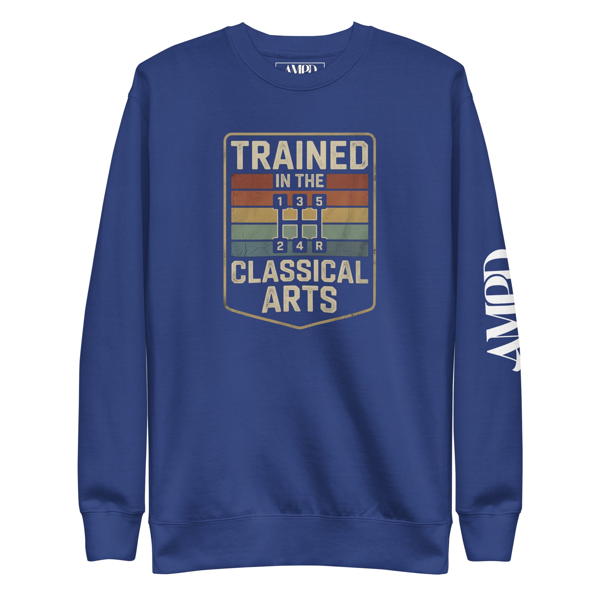 Blue sweatshirt with 'Trained in the Classical Arts' graphic on a white background