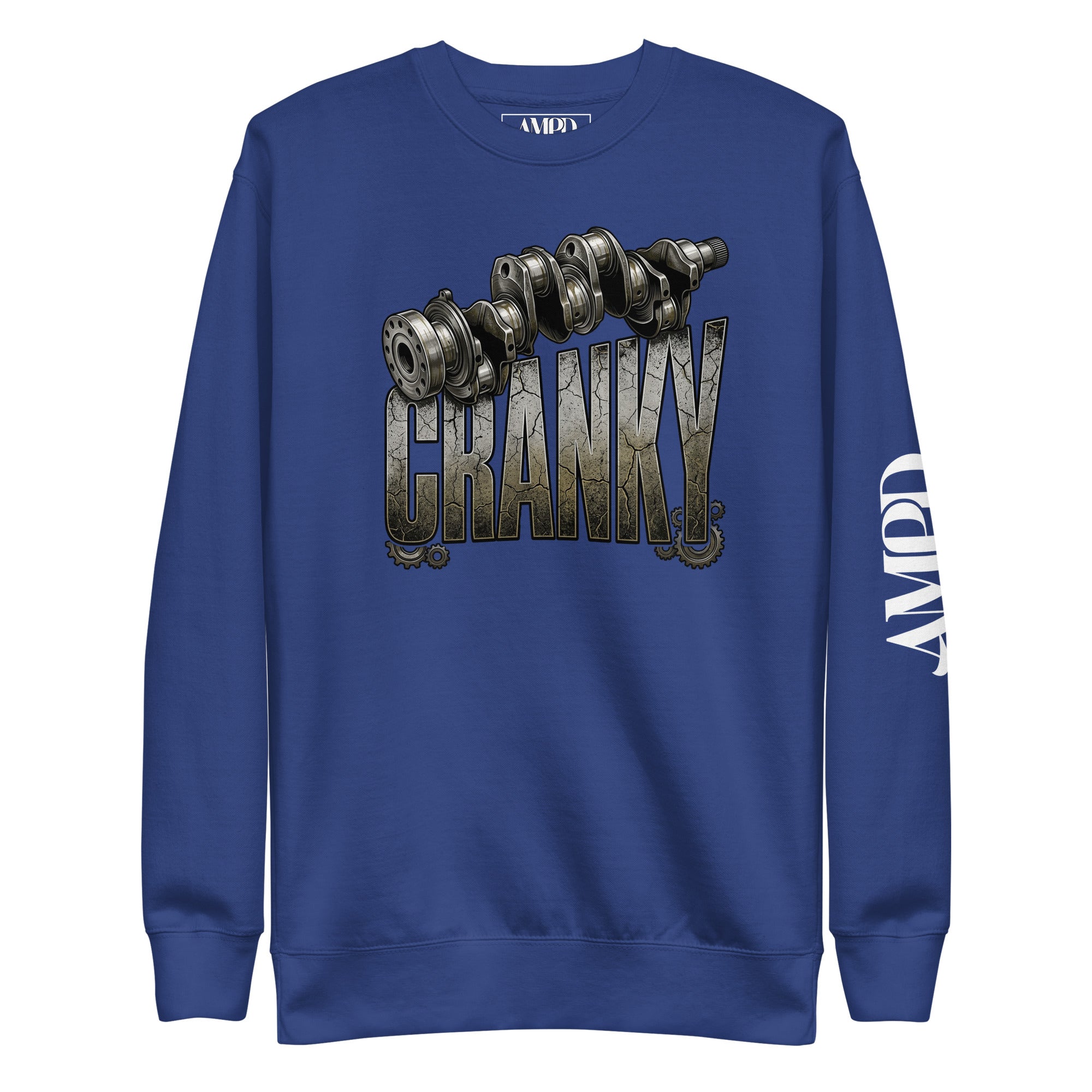 Blue sweatshirt with 'CRANKY' graphic and AMD logo on a white background
