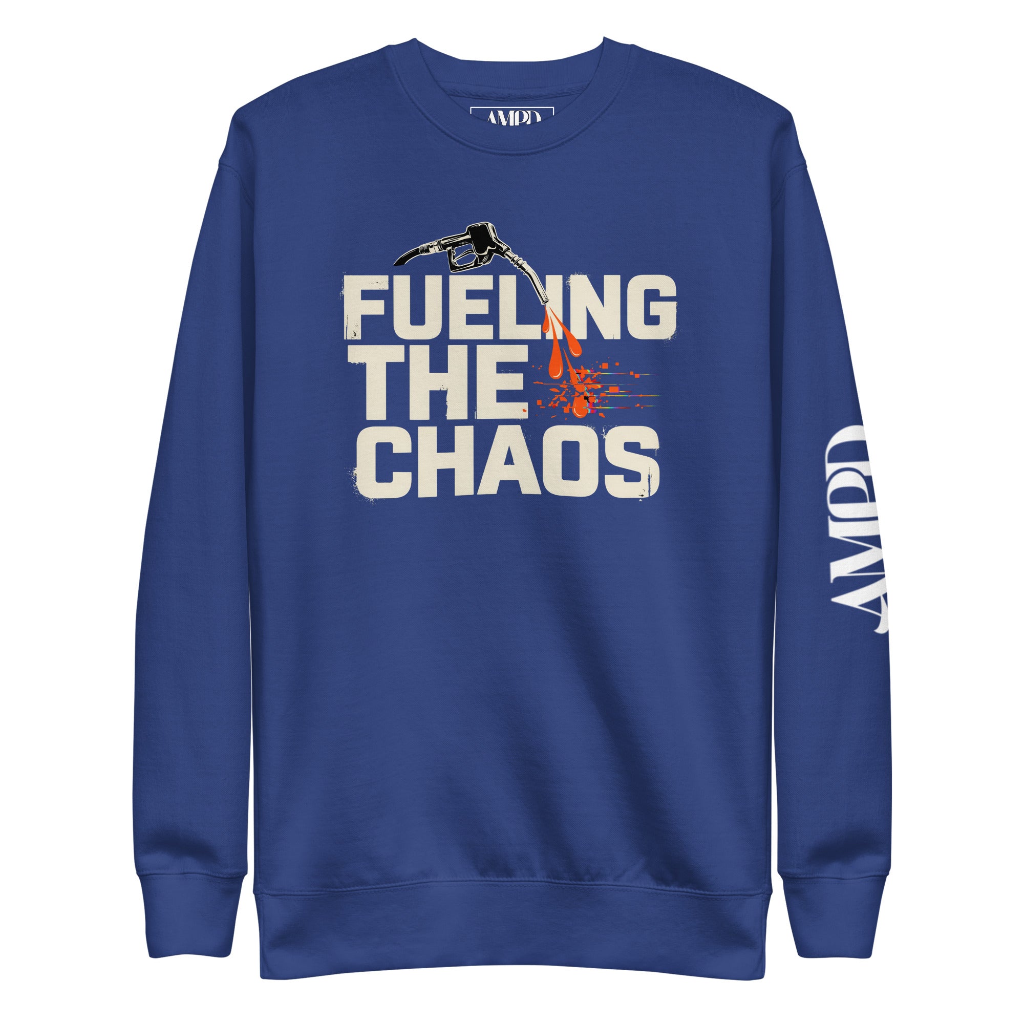 Blue sweatshirt with 'Fueling the Chaos' text and graphic on a white background