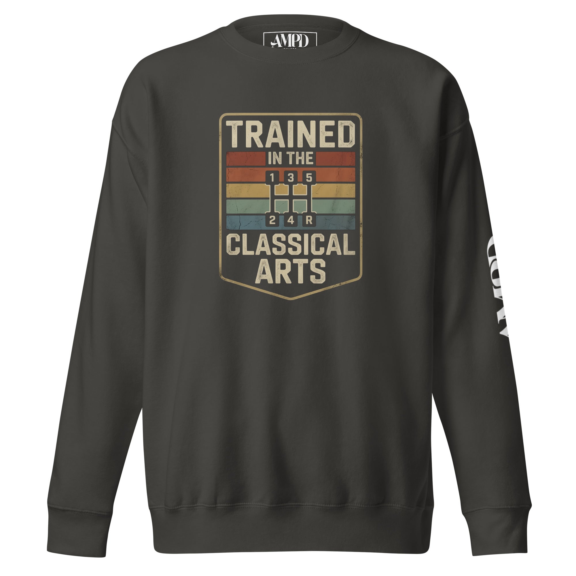 Gray sweatshirt with 'Trained in the Classical Arts' graphic on a white background