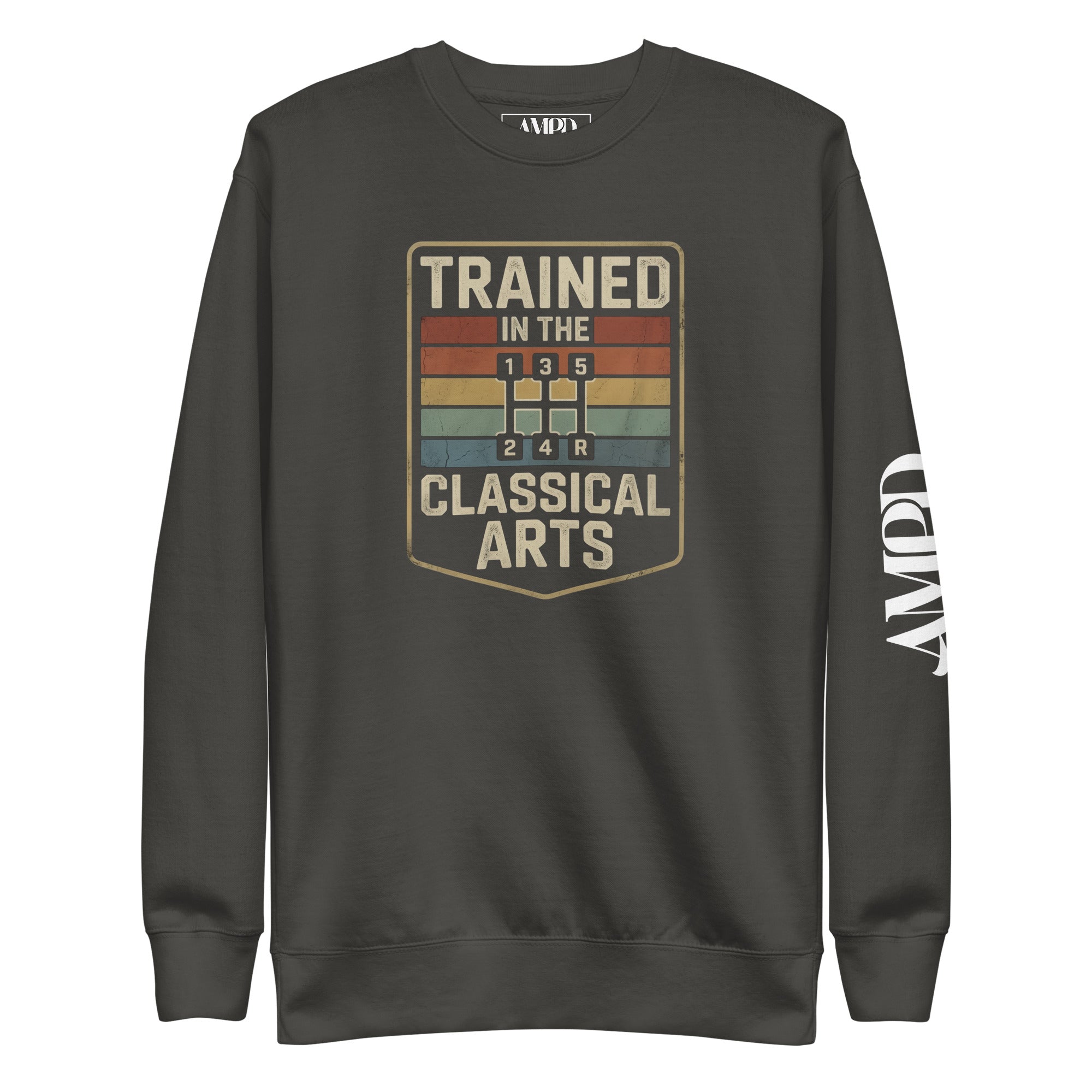 Dark gray sweatshirt with 'Trained in the Classical Arts' graphic on a white background