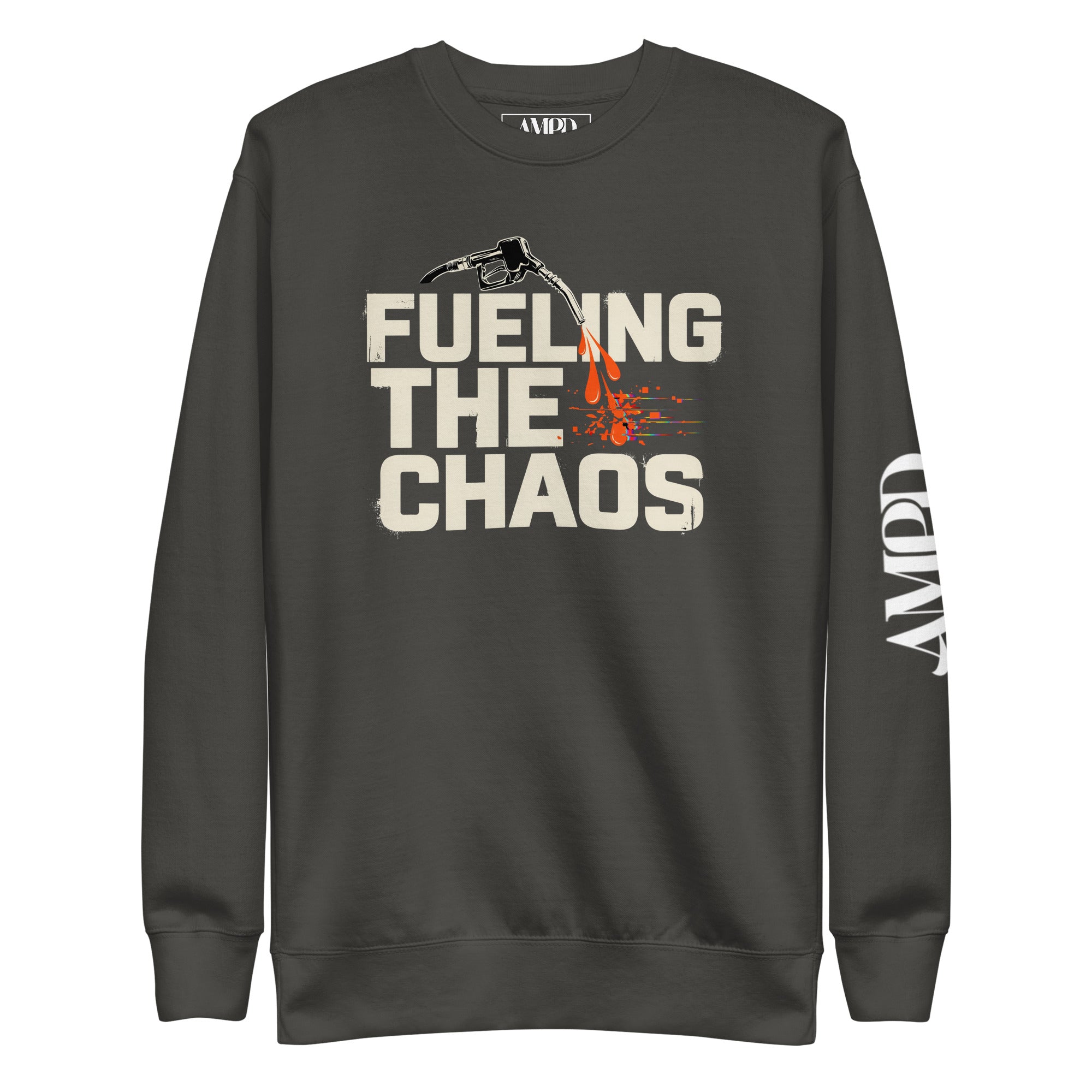 Gray sweatshirt with 'Fueling the Chaos' text and AMB logo on a white background