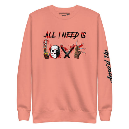 Amp'd Up Custom All I Need Is Love Sweatshirt in pink with horror-themed graphic design