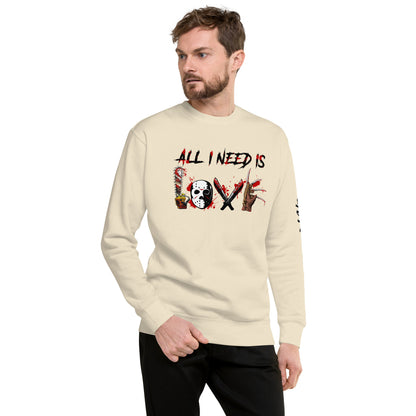 Amp'd Up Custom All I Need Is Love Sweatshirt in beige with graphic horror-themed text worn by male model