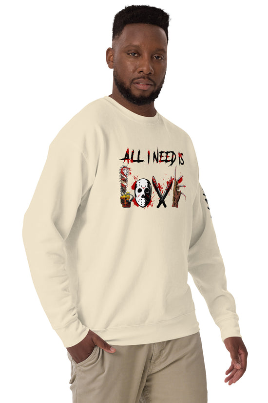 Man wearing a cream All I Need Is Love Sweatshirt by Amp'd Up Custom with graphic design