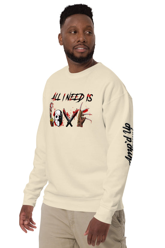 Man wearing cream All I Need Is Love Sweatshirt by Amp'd Up Custom with graphic design on front and sleeve