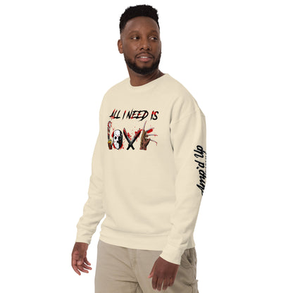 Man wearing cream All I Need Is Love Sweatshirt by Amp'd Up Custom with graphic design on front and sleeve