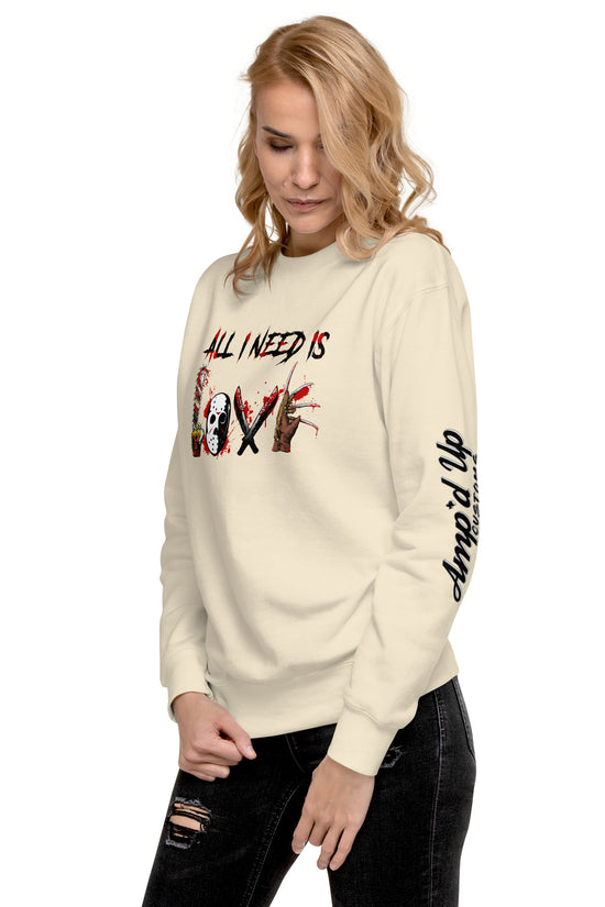 Amp'd Up Custom All I Need Is Love Sweatshirt in cream with graphic design worn by woman