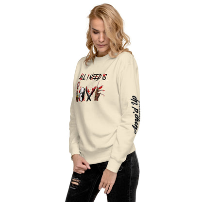 Amp'd Up Custom All I Need Is Love Sweatshirt in cream with graphic design worn by woman