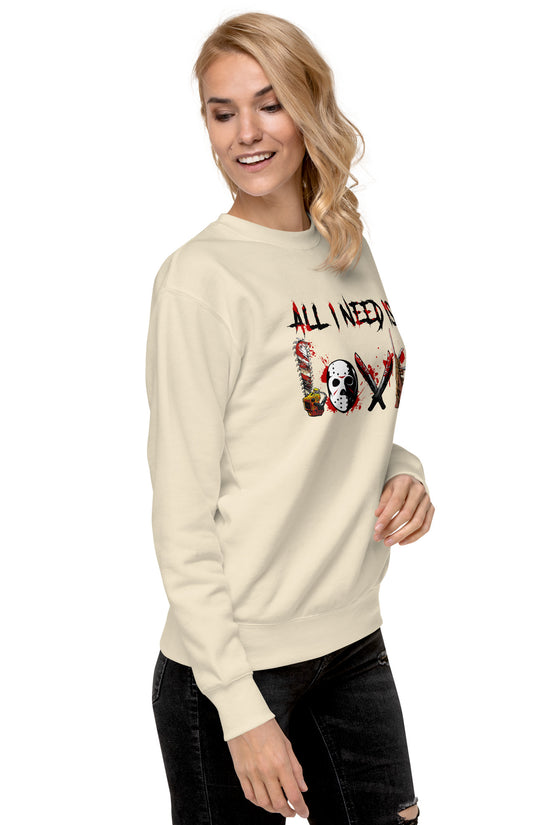 Woman wearing Amp'd Up Custom All I Need Is Love Sweatshirt in cream color with graphic design