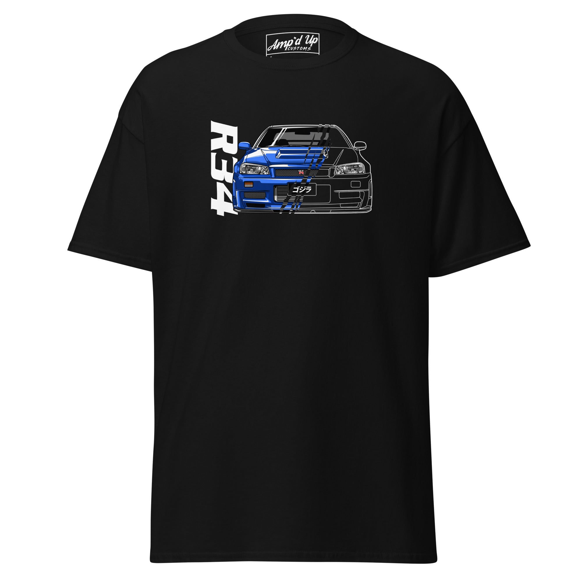 R34 Skyline GT-R T-Shirt Classic Japanese Sports Car Graphic Tee showcasing a detailed car design