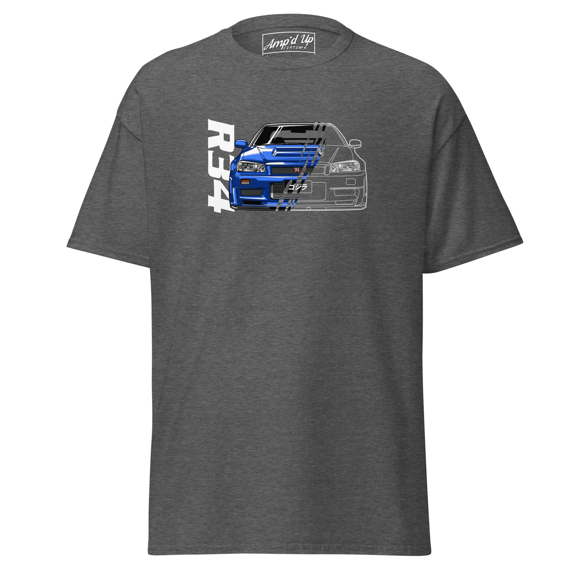 R34 Skyline GT-R T-Shirt Classic Japanese Sports Car Graphic Tee in Gray with a blue car design