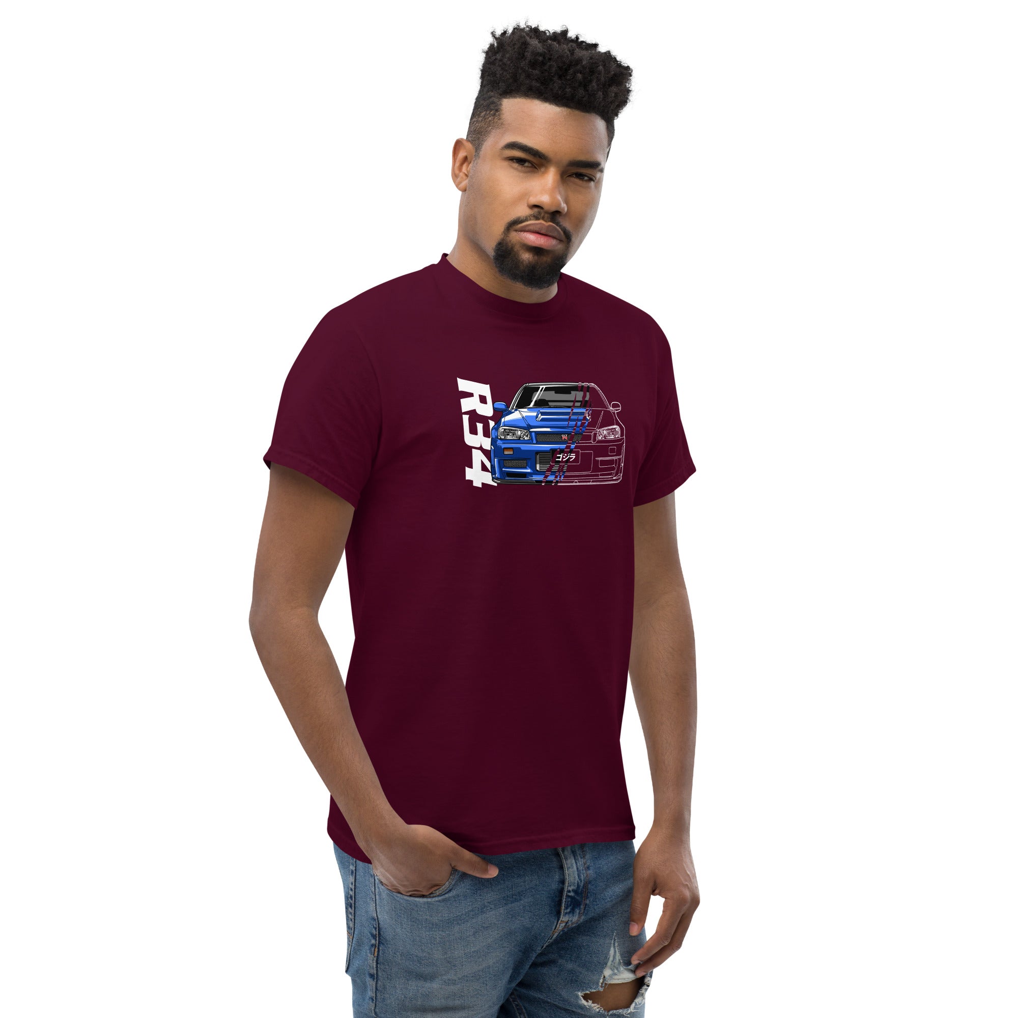 Maroon R34 Skyline GT-R T-Shirt Classic Japanese Sports Car Graphic Tee for car enthusiasts