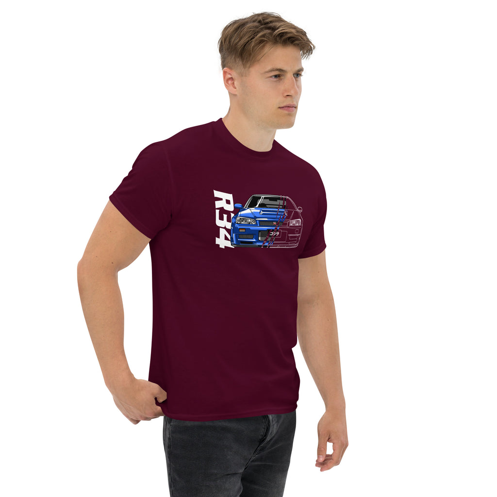 R34 Skyline GT-R T-Shirt Classic Japanese Sports Car Graphic Tee in maroon worn by a model