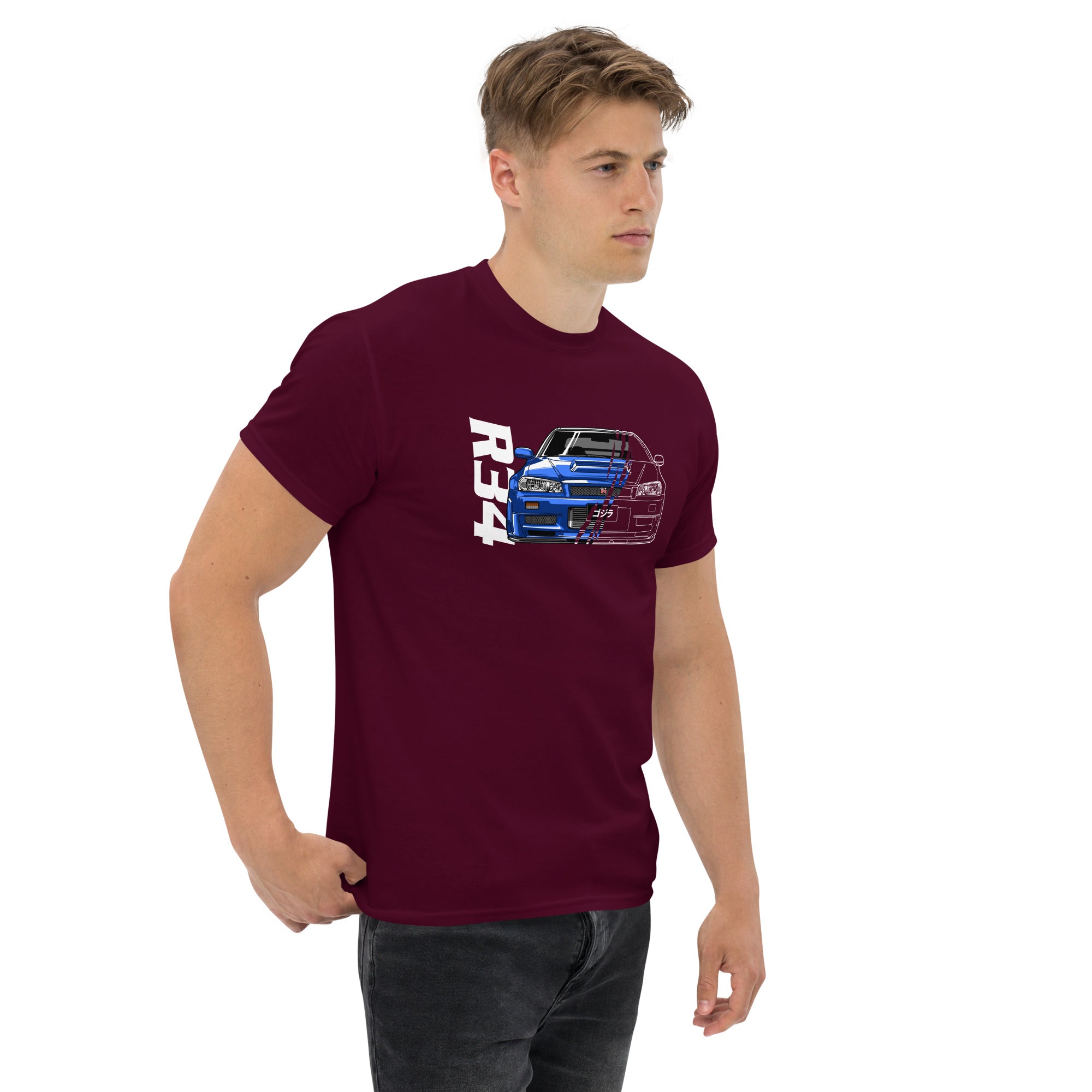 R34 Skyline GT-R T-Shirt Classic Japanese Sports Car Graphic Tee in maroon worn by a model