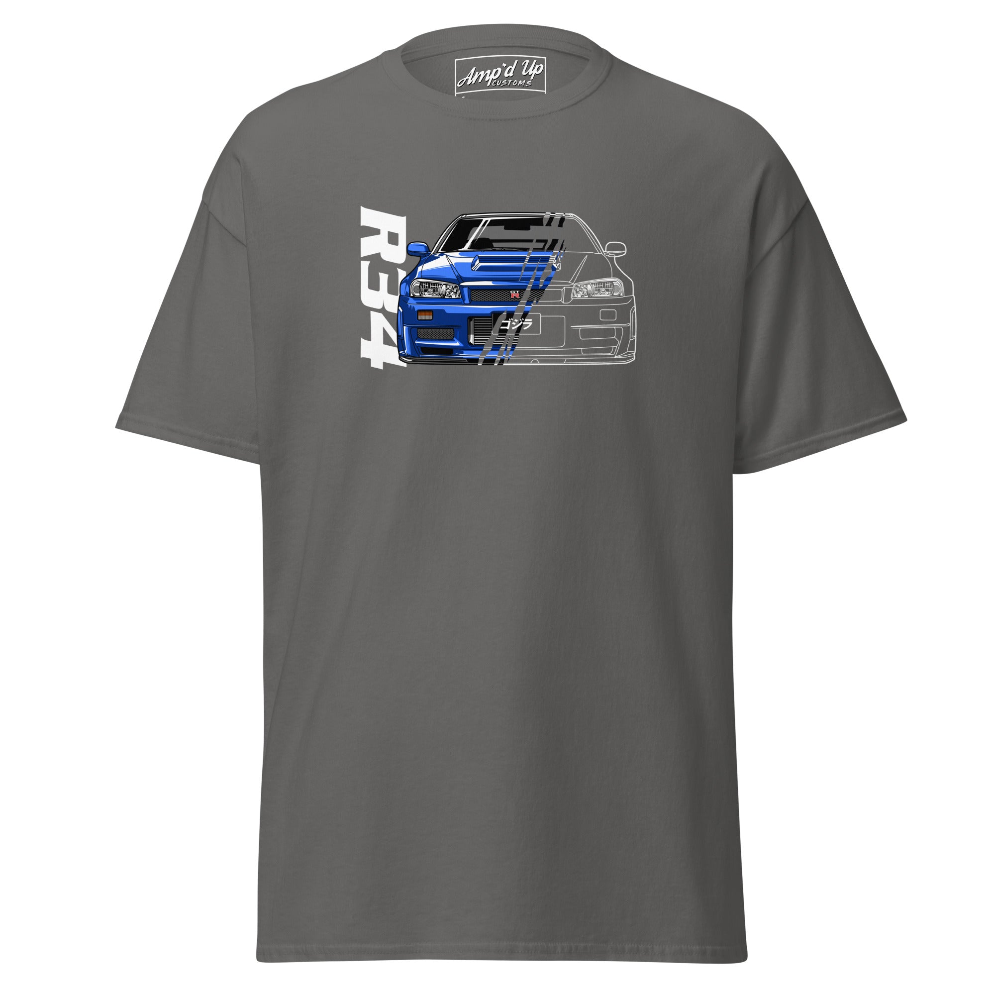 R34 Skyline GT-R T-Shirt Classic Japanese Sports Car Graphic Tee in gray with blue car design