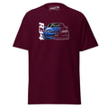 R34 Skyline GT-R T-Shirt Classic Japanese Sports Car Graphic Tee in maroon color featuring a stylish car graphic