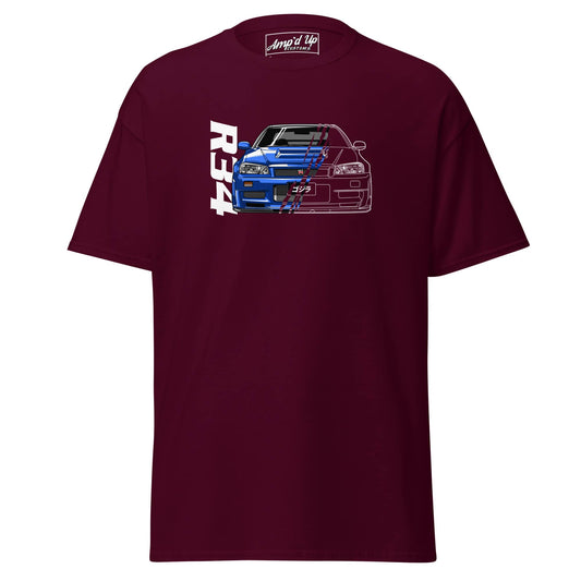 R34 Skyline GT-R T-Shirt Classic Japanese Sports Car Graphic Tee in maroon color featuring a stylish car graphic