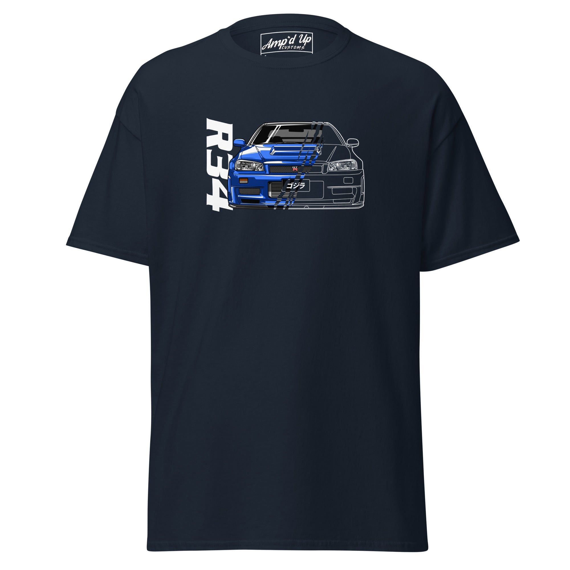 R34 Skyline GT-R T-Shirt Classic Japanese Sports Car Graphic Tee featuring a detailed car design