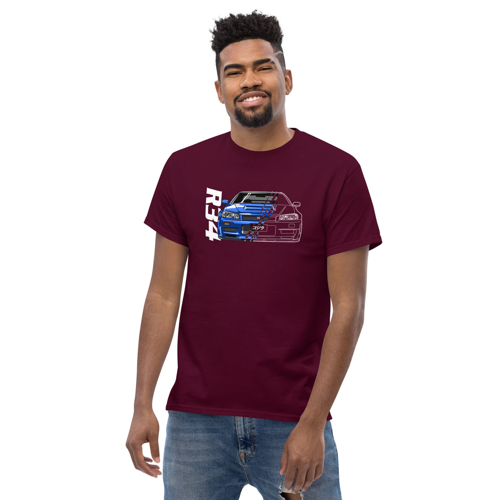R34 Skyline GT-R T-Shirt Classic Japanese Sports Car Graphic Tee on a model in a maroon color