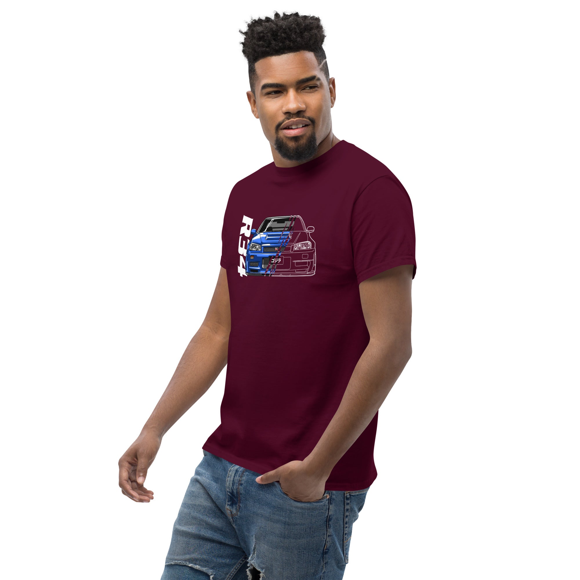 Maroon R34 Skyline GT-R T-Shirt Classic Japanese Sports Car Graphic Tee with vibrant design