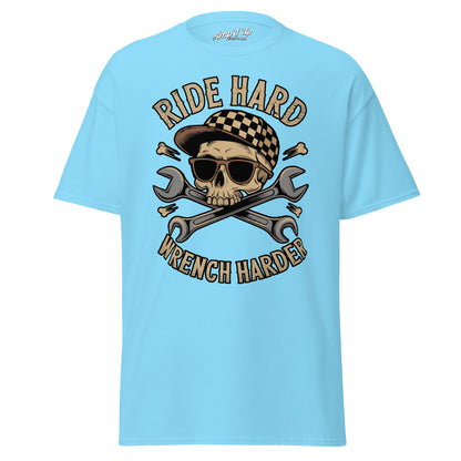 Amp'd Up Custom Ride Hard, Wrench Harder T-Shirt in light blue featuring a skull with sunglasses and crossed wrenches
