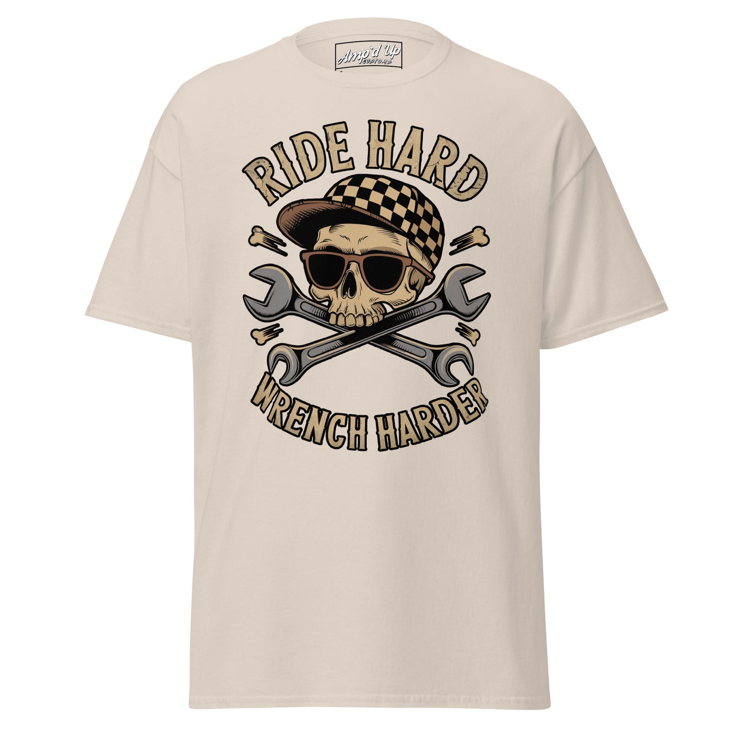 Ride Hard, Wrench Harder T-Shirt featuring a skull and crossed wrenches design in a classic fit