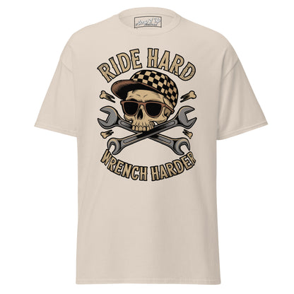 Ride Hard, Wrench Harder T-Shirt featuring a skull and crossed wrenches design in a classic fit