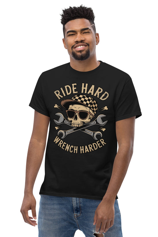 Ride Hard, Wrench Harder T-Shirt for motorbike enthusiasts featuring a skull and crossed wrenches design