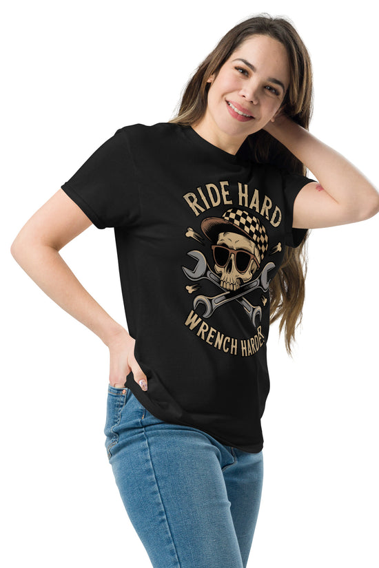 Amp'd Up Custom Ride Hard, Wrench Harder T-Shirt featuring a skull and wrench design